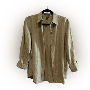 Lauren Ralph Lauren Green 100% Linen Button Down Rolled Sleeve Shirt